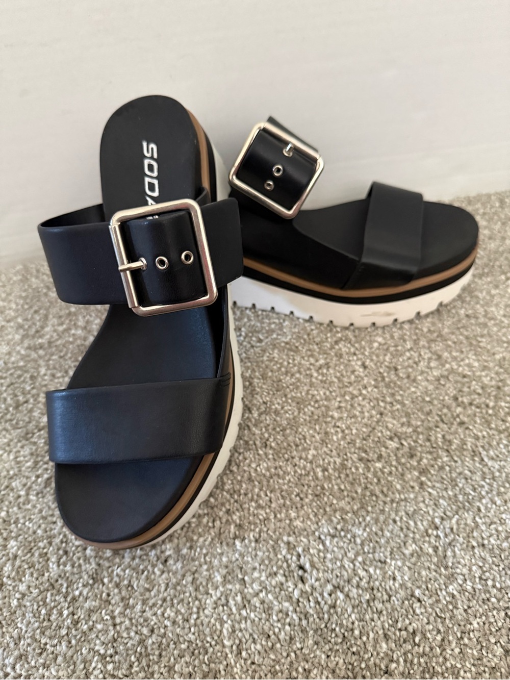 Soda Black Platform Slide Sandals with Silver Buckle